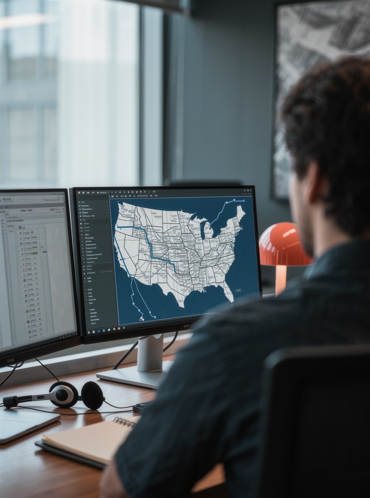A dispatcher at a desk with route planning on two screens.