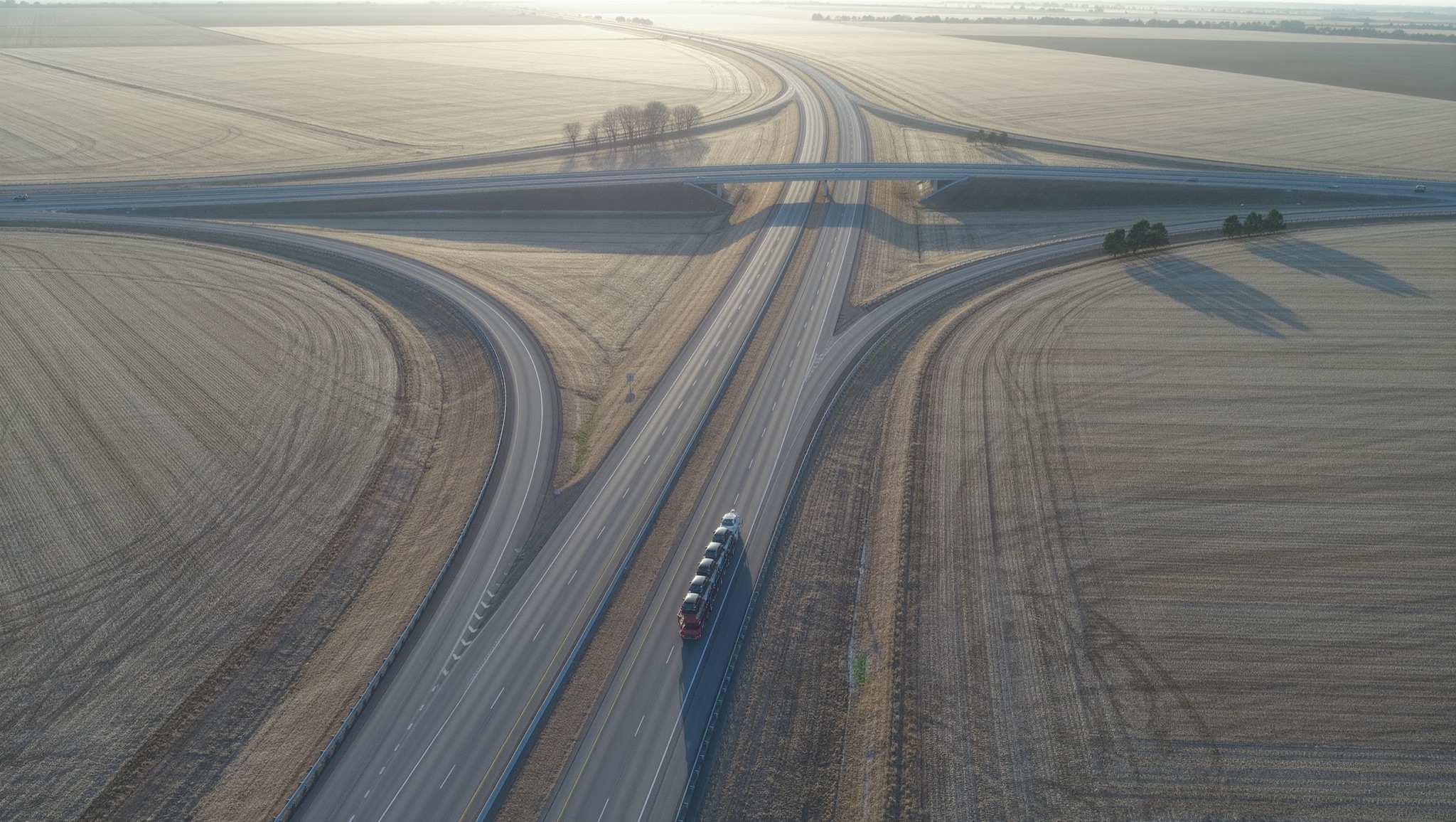Aerial view of a loaded car transporter on a highway.